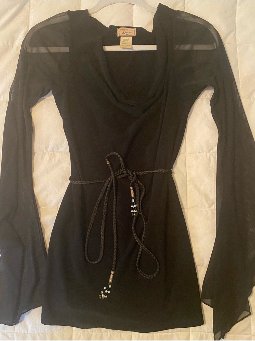 Soprano black tunic blouse/top, long sheer flare sleeves, braided belt size L